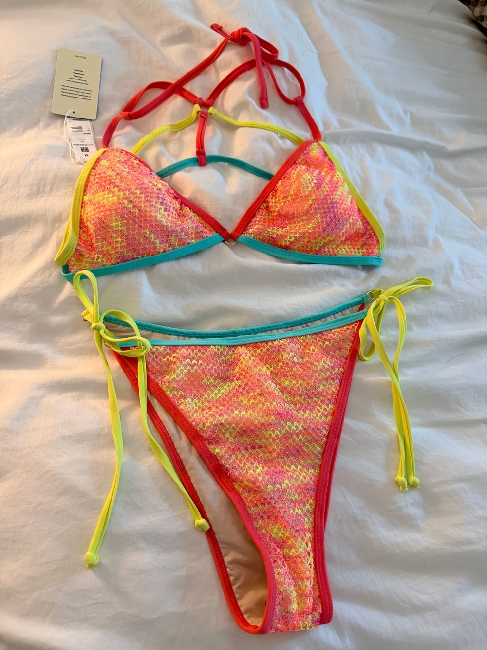 Cupshe Pink Coral Neon Triangle Bikini with Turquoise Trim - Picture 5 of 6